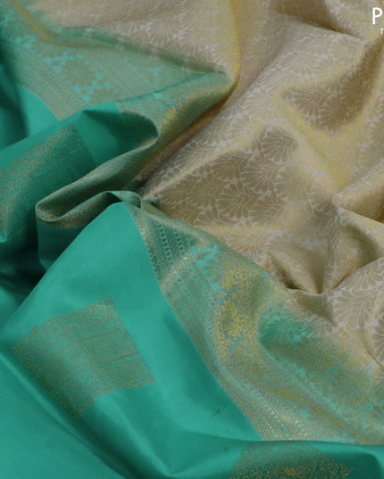 Pure kanjivaram silk saree teal blue and cream with zari woven box type buttas and long zari woven border