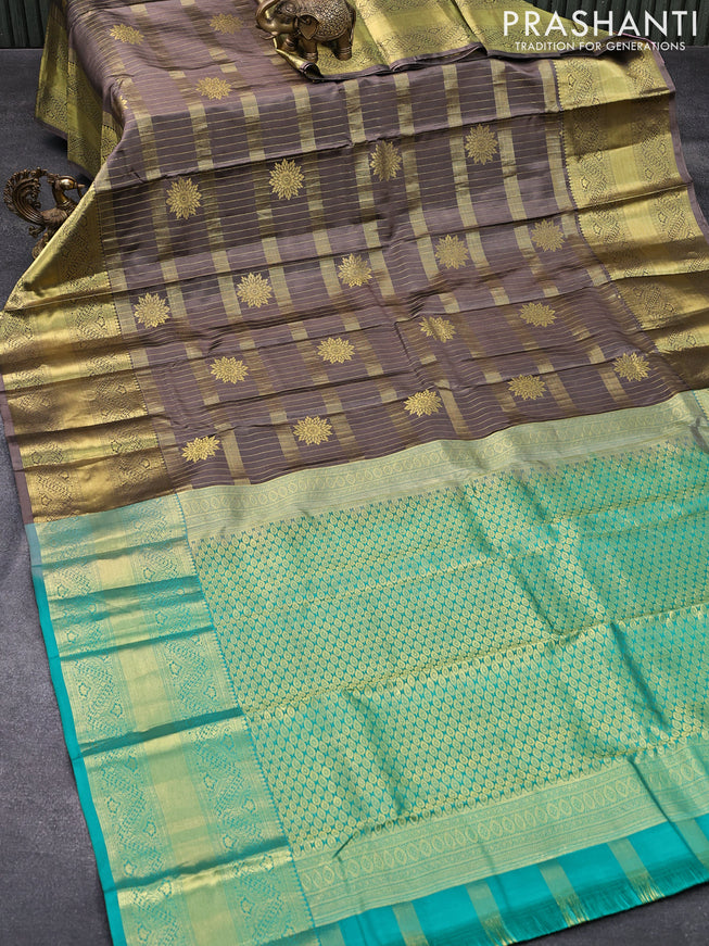 Pure kanjivaram silk saree grey shade with allover zari weaves & buttas and long zari woven border