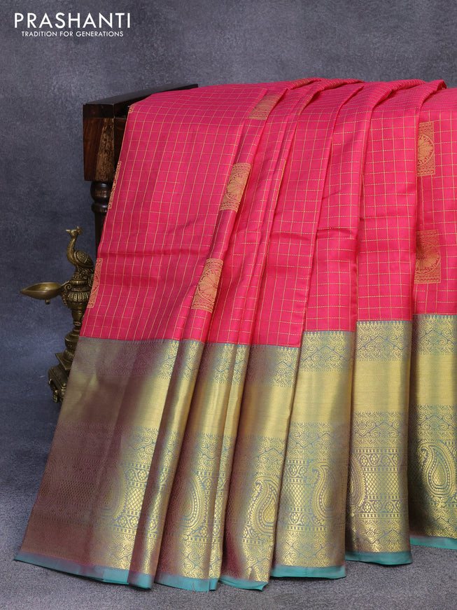 Pure kanjivaram silk saree pink and teal green with allover zari checked pattern & buttas and long annam zari woven border