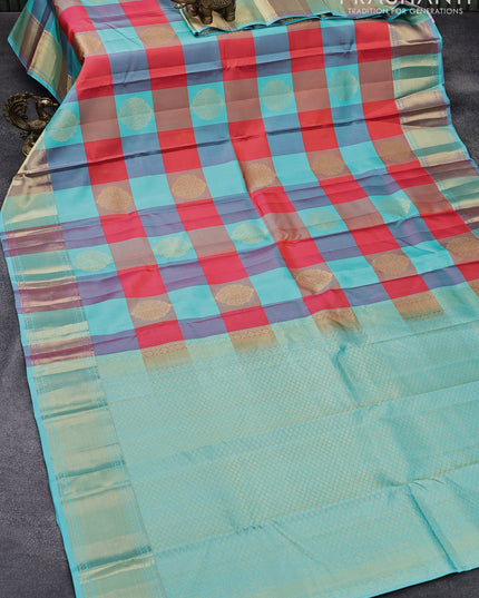 Pure kanjivaram silk saree multi colour and teal blue with allover paalum pazhamum checked pattern & zari buttas and zari woven border