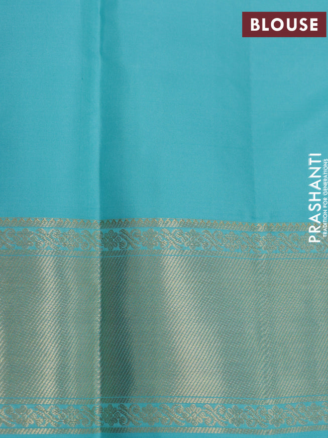 Pure kanjivaram silk saree multi colour and teal blue with allover paalum pazhamum checked pattern & zari buttas and zari woven border