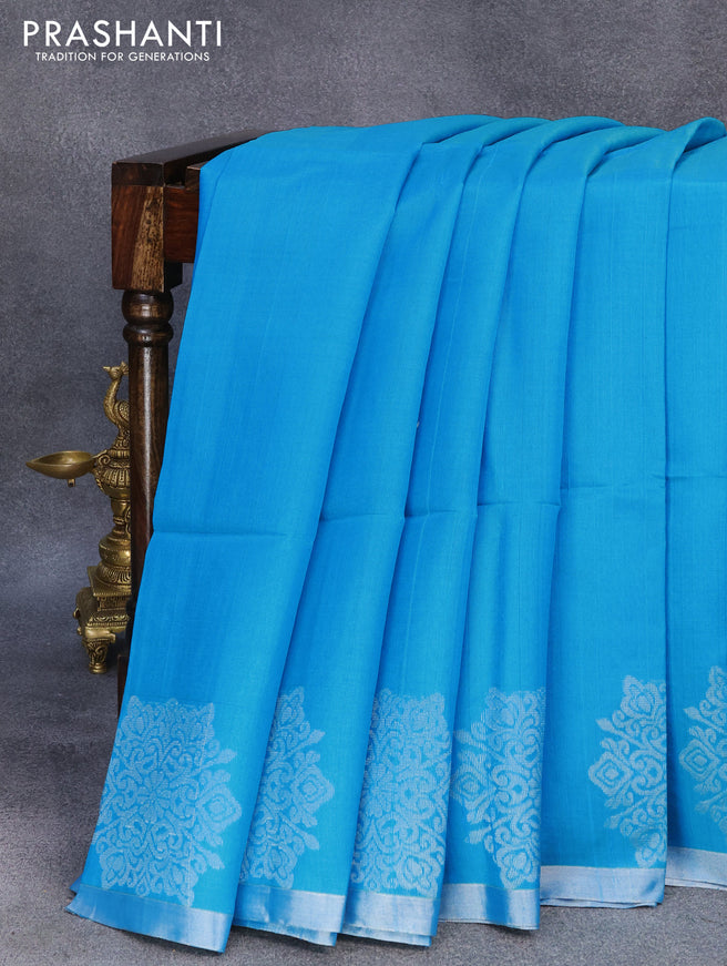 Pure raw silk saree cs blue and pink with silver zari woven buttas and silver zari woven border