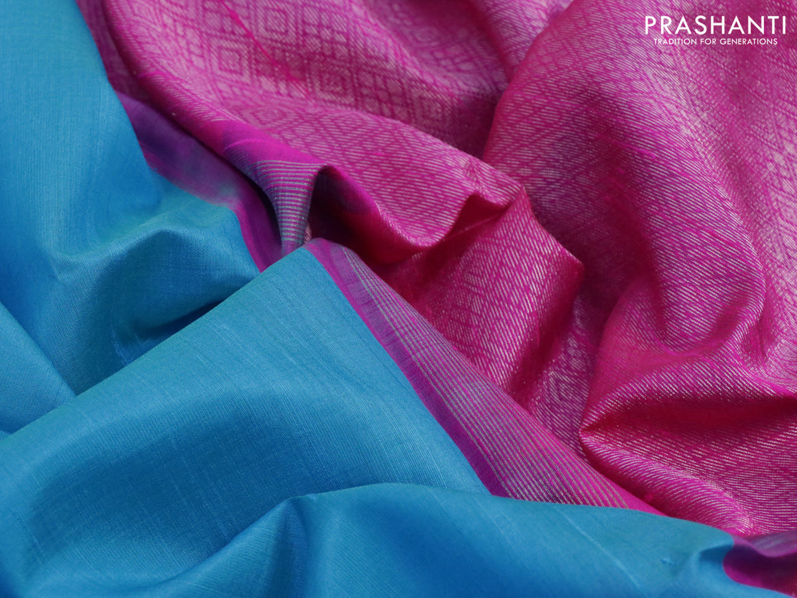 Pure raw silk saree cs blue and pink with silver zari woven buttas and silver zari woven border