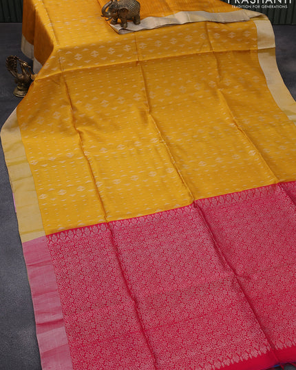 Pure raw silk saree yellow and pink with silver zari woven butta weaves and silver zari woven border