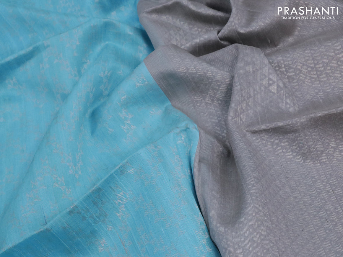 Pure raw silk saree light blue and grey with allover silver zari weaves in borderless style