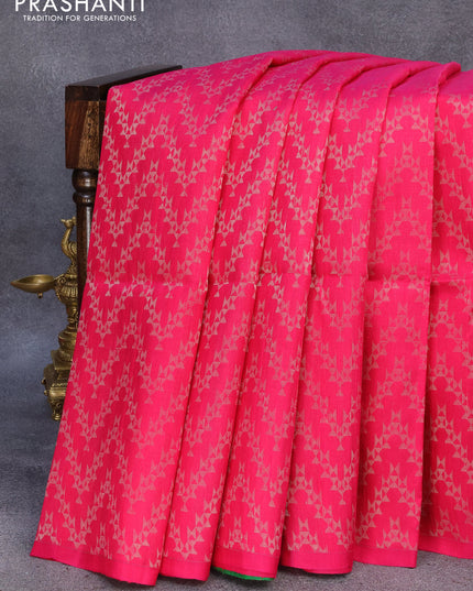Pure raw silk saree pink and green with allover silver zari weaves in borderless style