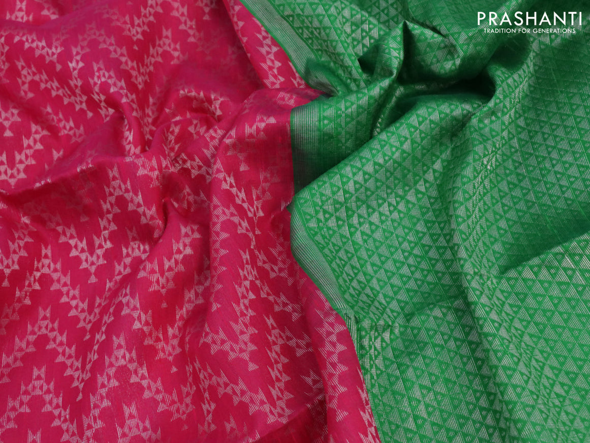 Pure raw silk saree pink and green with allover silver zari weaves in borderless style