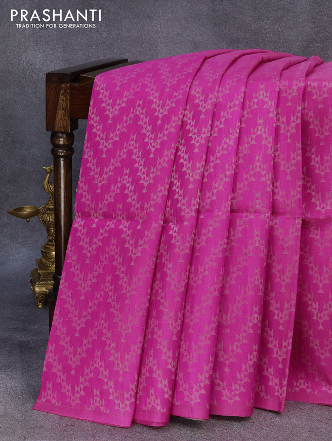 Pure raw silk saree pink and grey with allover silver zari weaves in borderless style