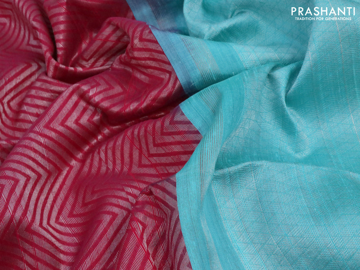 Pure raw silk saree pink and teal blue with allover silver zari weaves in borderless style
