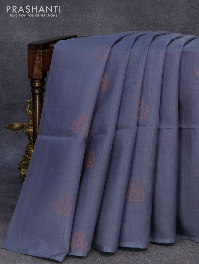 Pure raw silk saree grey and teal blue with copper zari woven buttas in borderless style
