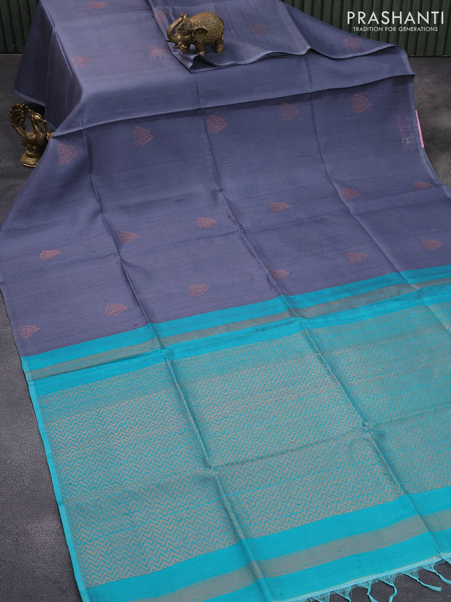 Pure raw silk saree grey and teal blue with copper zari woven buttas in borderless style