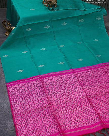 Pure raw silk saree teal green and pink with silver zari woven buttas in borderless style