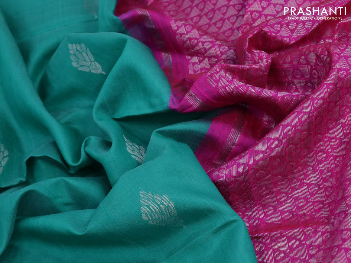 Pure raw silk saree teal green and pink with silver zari woven buttas in borderless style