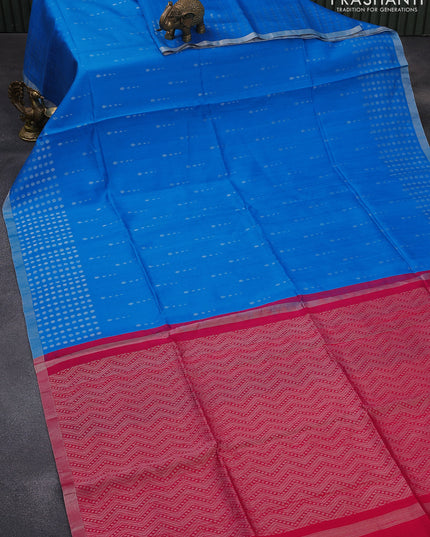 Pure raw silk saree cs blue and pink with silver zari woven buttas and silver zari woven simple border