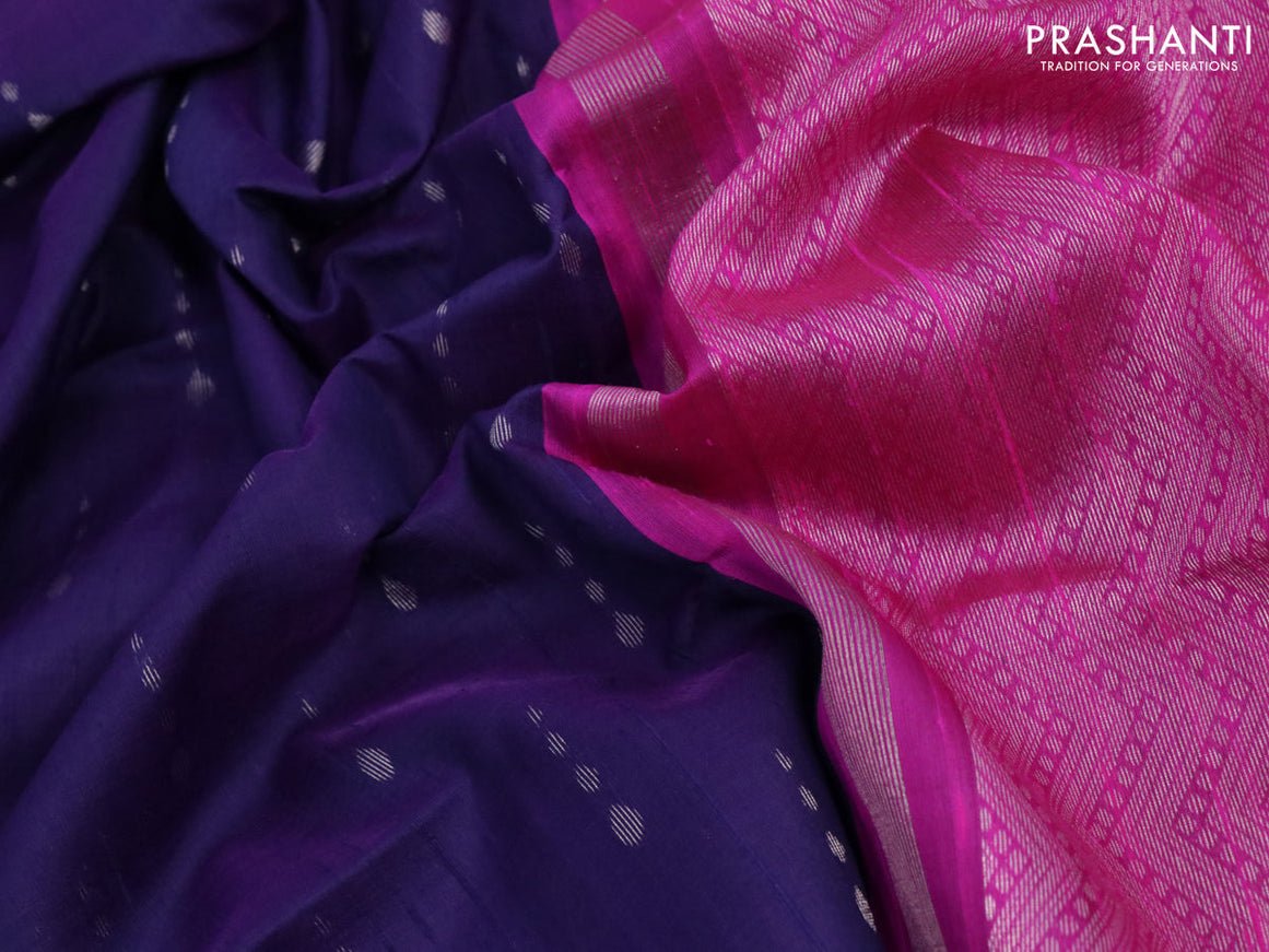 Pure raw silk saree violet and pink with silver zari woven buttas and silver zari woven simple border