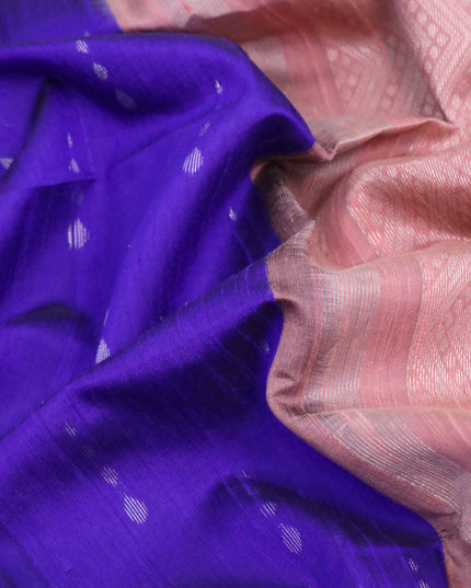 Pure raw silk saree royal blue and pastel brown with silver zari woven buttas and silver zari woven simple border