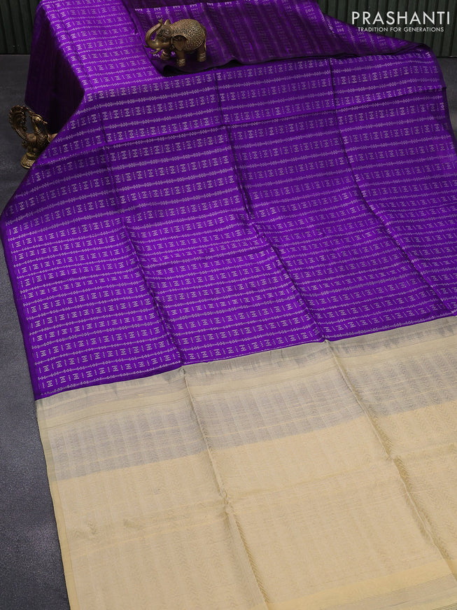 Pure raw silk saree violet and cream with allover silver zari weaves in borderless style