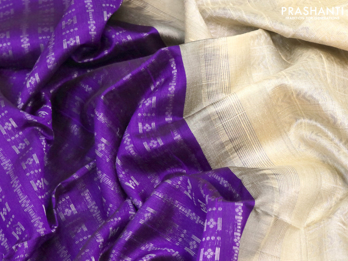 Pure raw silk saree violet and cream with allover silver zari weaves in borderless style