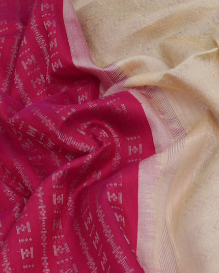 Pure raw silk saree dual shade of pink and cream with allover silver zari weaves in borderless style