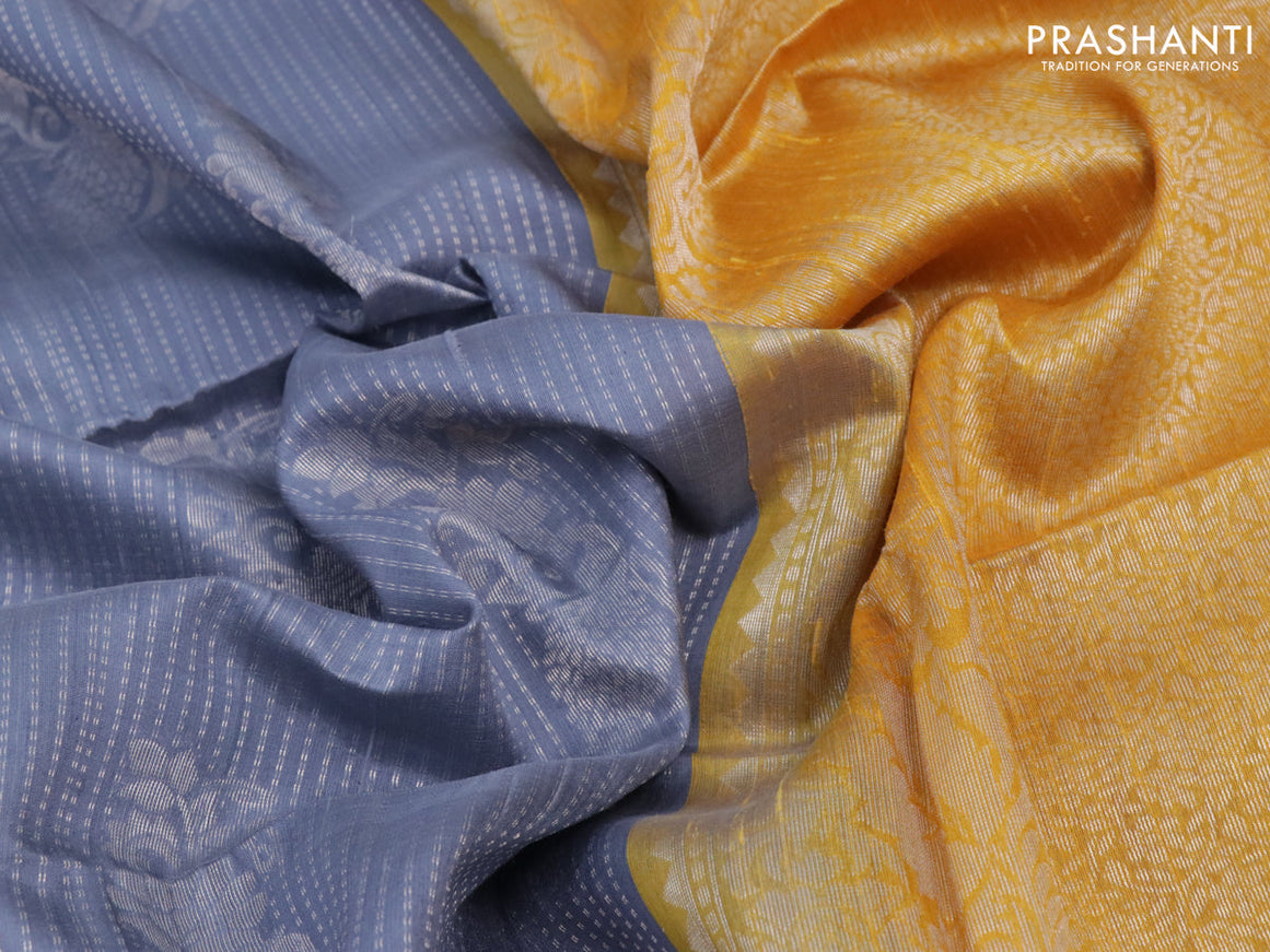 Pure raw silk saree grey and yellow with silver zari woven butta weaves and silver zari woven border