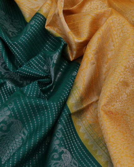 Pure raw silk saree green and yellow with silver zari woven butta weaves and silver zari woven border