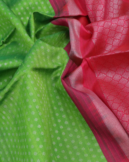 Pure raw silk saree light green and pink with silver zari woven butta weaves and silver zari woven border