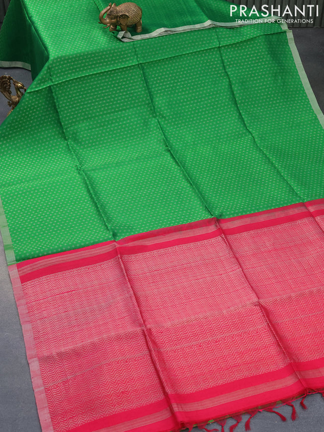 Pure raw silk saree green and pink with silver zari woven butta weaves and silver zari woven border