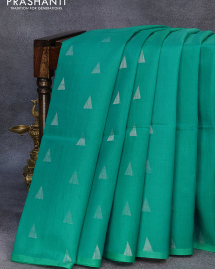 Pure raw silk saree teal green and pink with silver zari woven butta weaves in borderless style