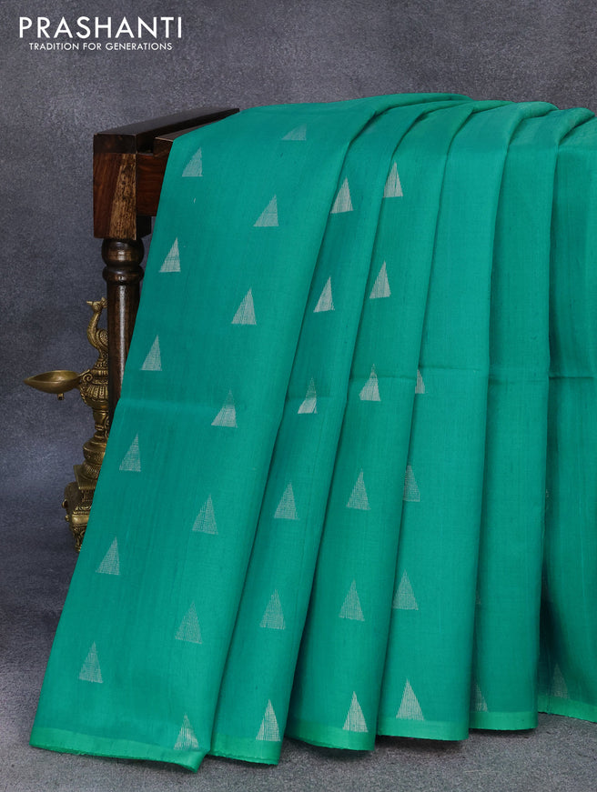 Pure raw silk saree teal green and pink with silver zari woven butta weaves in borderless style