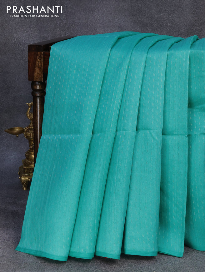 Pure raw silk saree teal blue and pink with silver zari woven butta weaves in borderless style