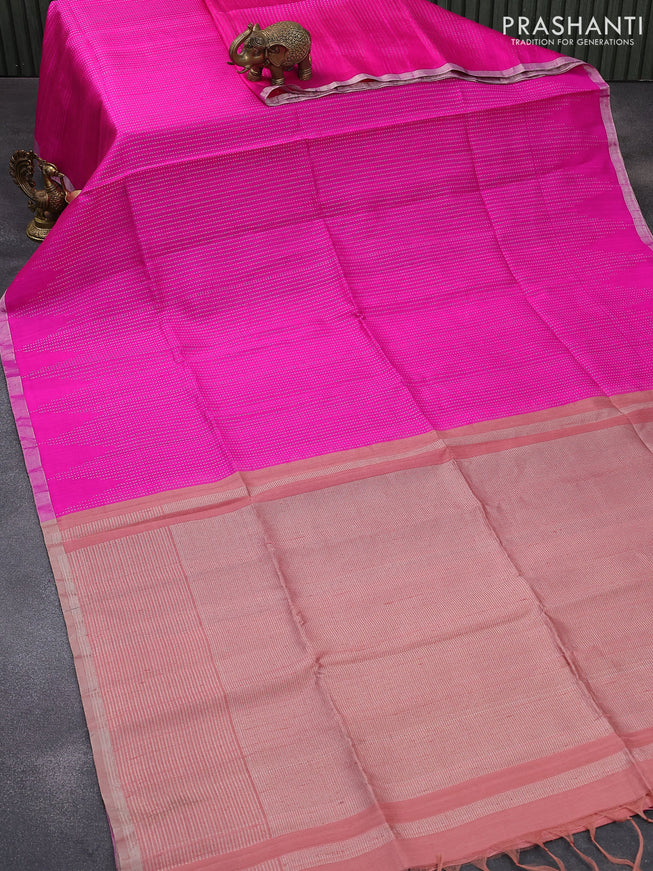Pure raw silk saree pink and pastel brown with silver zari woven butta weaves and silver zari woven border
