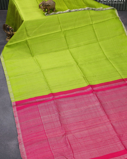 Pure raw silk saree mehendi green and pink with silver zari woven butta weaves and silver zari woven border
