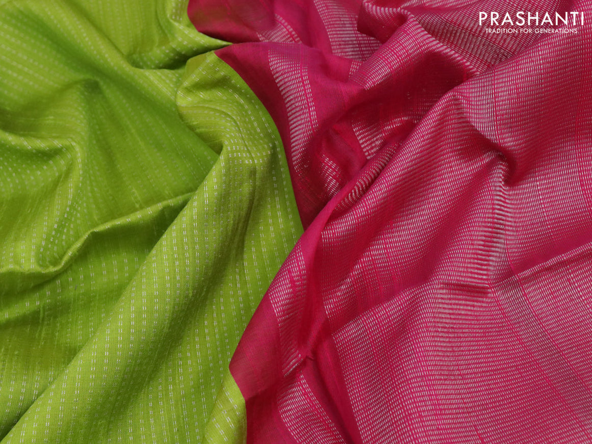Pure raw silk saree mehendi green and pink with silver zari woven butta weaves and silver zari woven border