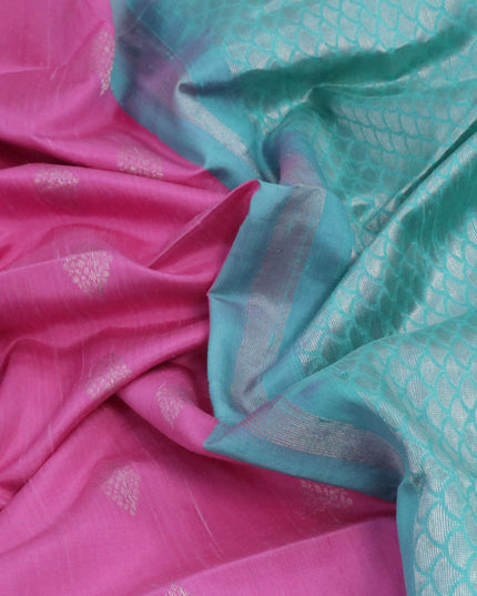Pure raw silk saree light pink and teal green with silver zari woven buttas in borderless style