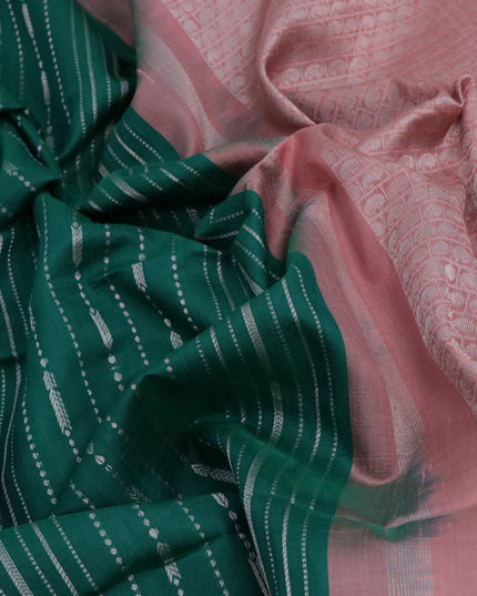 Pure raw silk saree green and pastel pink with allover silver zari weaves in borderless style