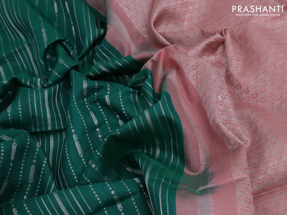 Pure raw silk saree green and pastel pink with allover silver zari weaves in borderless style