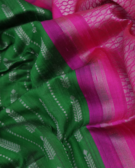 Pure raw silk saree green and pink with allover silver zari weaves in borderless style