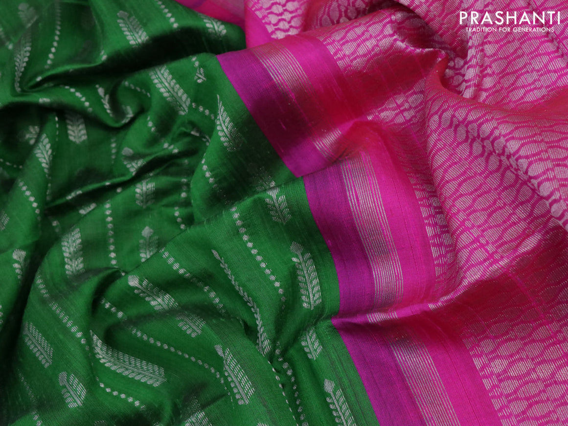 Pure raw silk saree green and pink with allover silver zari weaves in borderless style