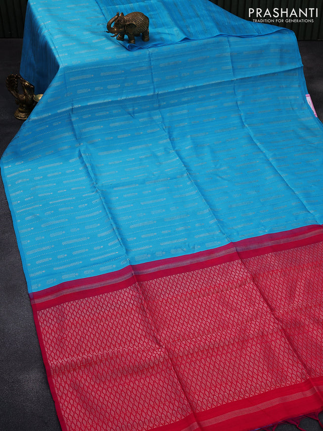 Pure raw silk saree light blue and dark pink with allover silver zari weaves in borderless style