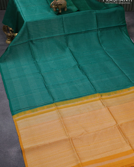 Pure raw silk saree green and mustard yellow with allover silver zari weaves in borderless style