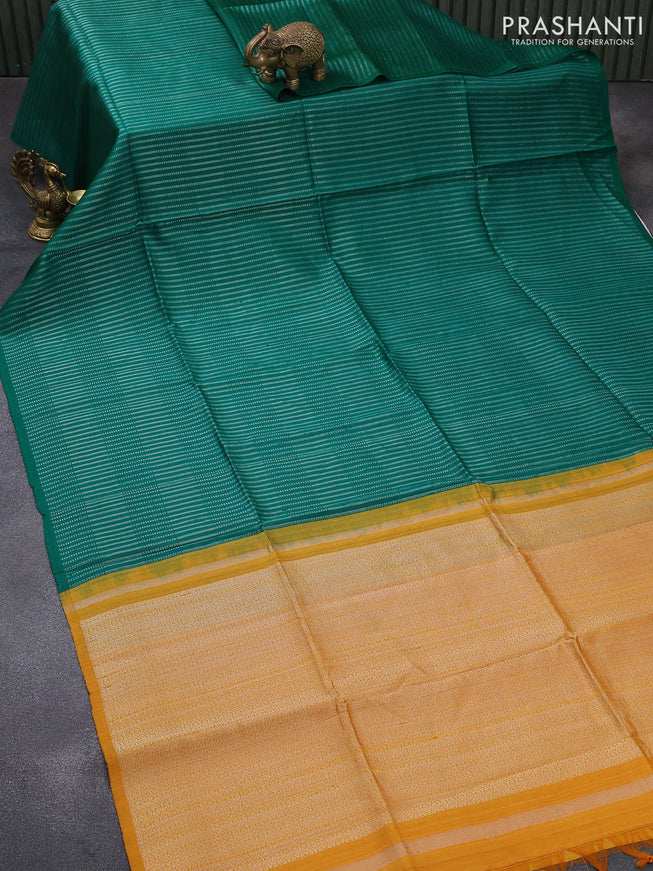 Pure raw silk saree green and mustard yellow with allover silver zari weaves in borderless style
