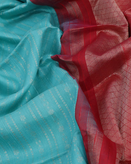 Pure raw silk saree teal blue and reddish pink with allover silver zari weaves in borderless style