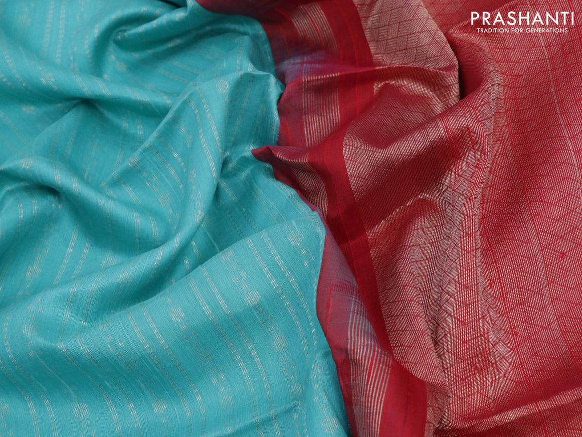Pure raw silk saree teal blue and reddish pink with allover silver zari weaves in borderless style