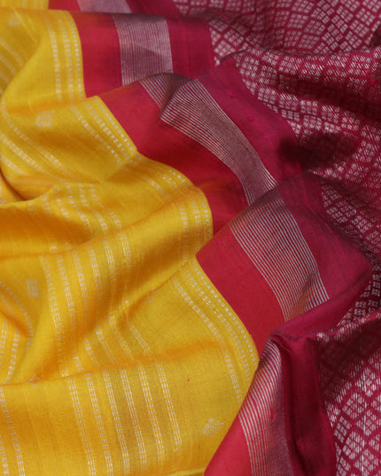 Pure raw silk saree yellow and dark pink with allover silver zari weaves in borderless style