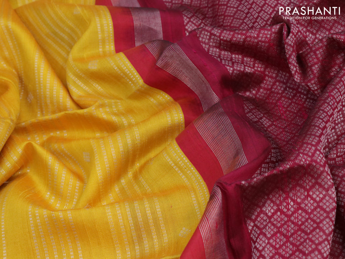 Pure raw silk saree yellow and dark pink with allover silver zari weaves in borderless style