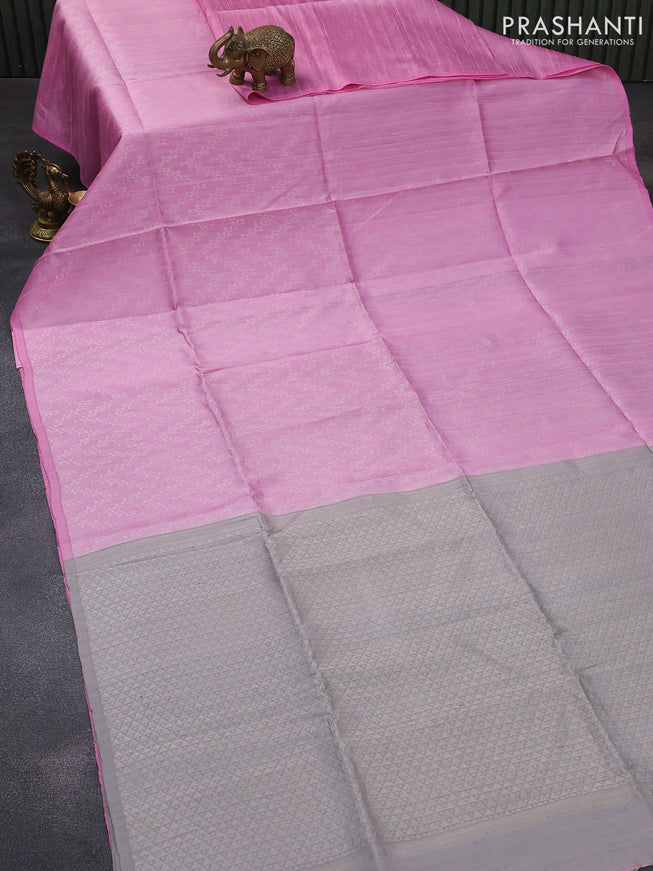 Pure raw silk saree light pink and grey with allover silver zari weaves in borderless style