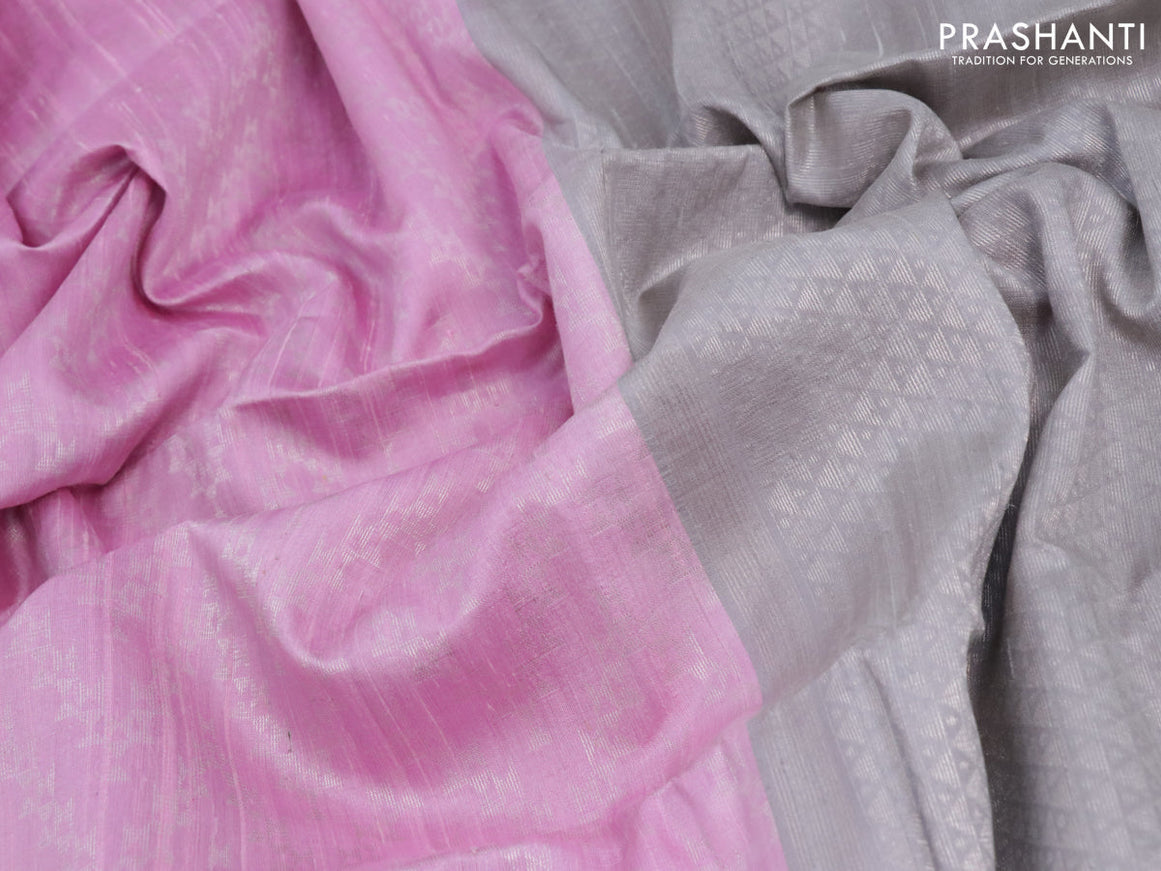 Pure raw silk saree light pink and grey with allover silver zari weaves in borderless style