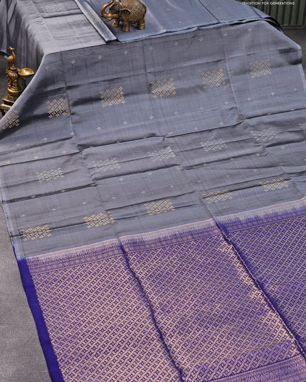 Pure soft silk saree grey and blue with silver & gold zari woven buttas in borderless style