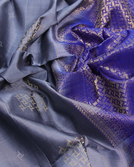 Pure soft silk saree grey and blue with silver & gold zari woven buttas in borderless style