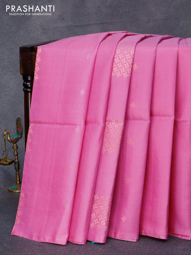 Pure soft silk saree light pink and teal blue with silver & gold zari woven buttas in borderless style
